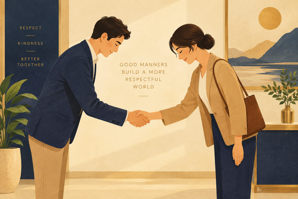 Illustration of a man and woman shaking hands respectfully, beside the text "Good manners build a more respectful world"